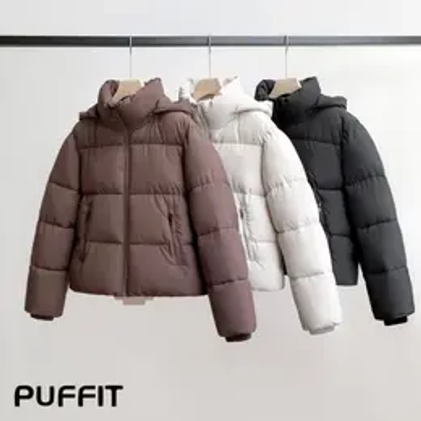 PUFFIT Fitted Detachable Hooded Puffer Jacket Splashproof, Women Winter Basic Warm Coat with Removable Hood Zip Deep Pockets Waterproof Windproof Go.G.G