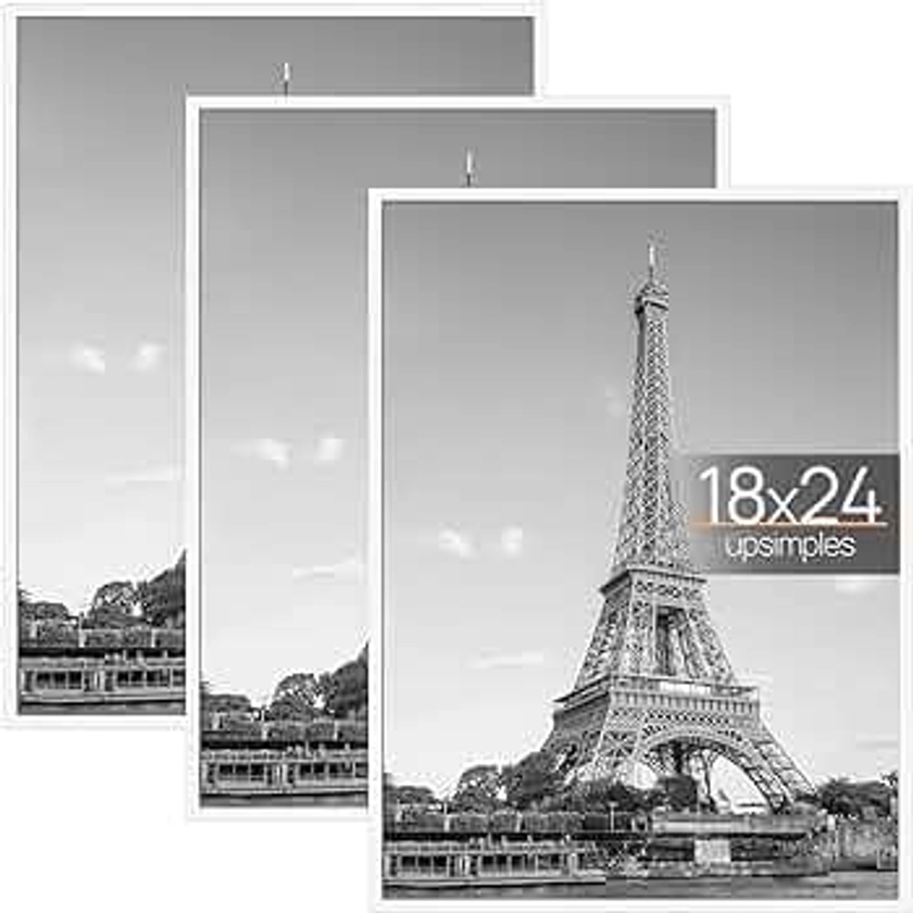 upsimples 18x24 Frame White 3 Pack, Poster Frames 18 x 24 for Horizontal or Vertical Wall Mounting, Scratch-Proof Wall Gallery Photo Frame