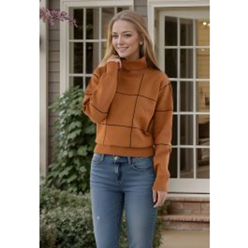 Grid Turtleneck Sweater in Pumpkin