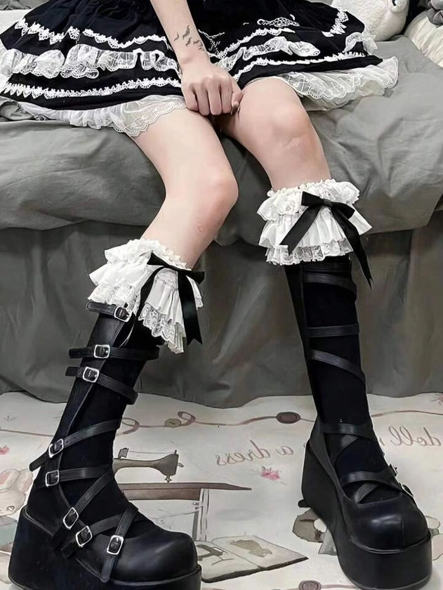 1 par de Calcetines multi-capa de encaje y nudo de lazo sobre la rodilla para damas, para uniforme escolar estilo JK