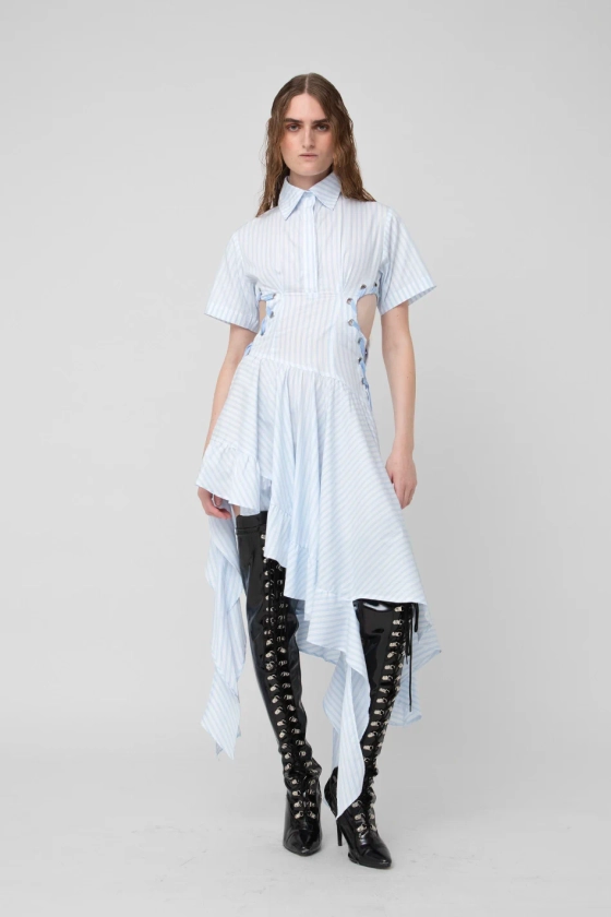 Blue Striped Frills Shirt Dress