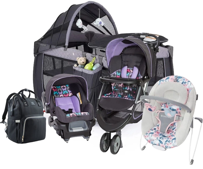 Baby Newborn Combo Stroller With Car Seat Playard Bag Bouncer Purple Travel Set