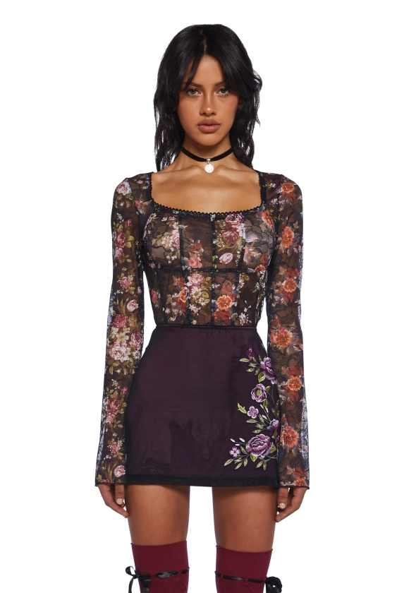 Delia's Long Sleeve Floral Print Corset Inspired Top - Black