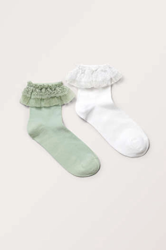 2-pack Frill Socks - Dusty Green / White - Monki GB
