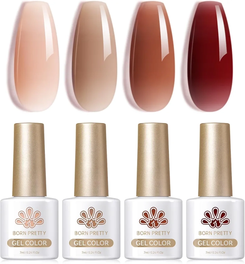 Born Pretty Vernis Gel Semi-Permanent Nude Brun - Vernis à Ongles en Gel Transparent Série Ember Automne Soak-Off UV/LED Vernis à Ongles Semi Permanent Pour Studio de Manucure DIY Home, 7ML 4PCS