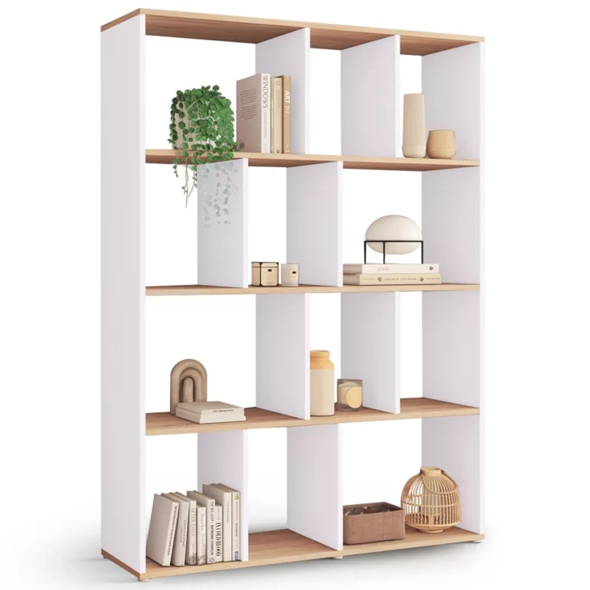 Etag&egrave;re biblioth&egrave;que JENA 4 niveaux blanc et effet bois H.143 cm