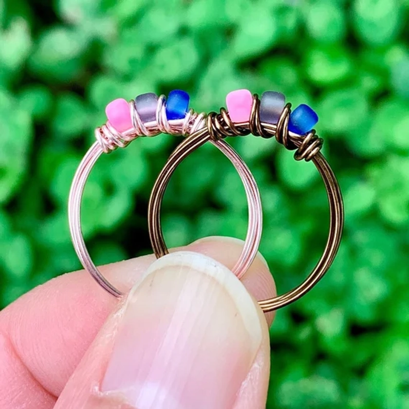 Bisexual Ring, Bi Ring, Subtle Pride Ring, Seed Bead Ring, Wire Wrapped Ring for Women, Bisexual Jewelry, Bi Jewelry for Women
