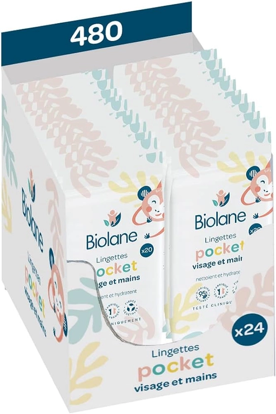 BIOLANE - Pack 24 Lingettes bébé pocket visage et mains - 480 Lingettes nettoyantes (24x20) - Nettoie et protège - Peaux Sensibles - 97 % d'ingrédients naturels - Fabriqué en France