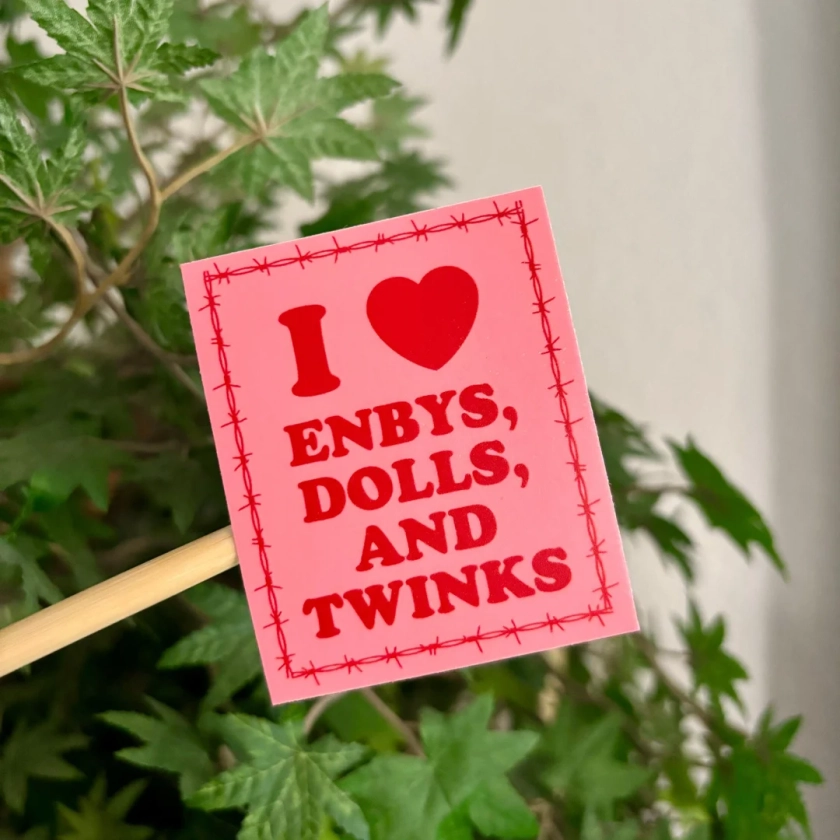 I Love Enbys, Dolls, and Twinks Sticker | Weatherproof Matte Vinyl Waterproof Decal | Queer Trans Non-Binary Pride | Pink Lovecore Barb Wire