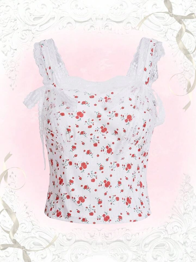 Sweetness Ditsy Floral Print Contrast Lace Cami Top