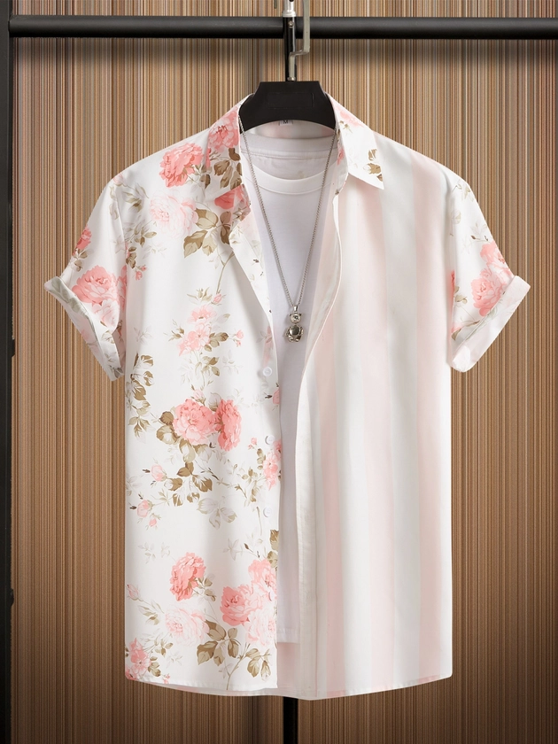 Hawaiian Style Floral Print Men&#39;s Short Sleeve Lapel Shirt, Men&#39;s Color Block Button Up Shirt For Summer Holiday