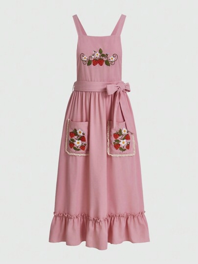 Kawaii Women's Strawberry Embroidery Double Pocket Overalls Dress For Summer