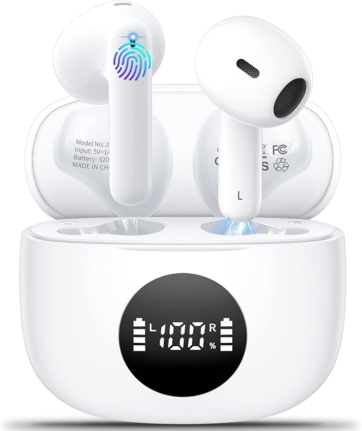 Wireless Earbuds,Bluetooth 5.3 Headphones NEW Wireless Headphones in Ear with 4 ENC Mic LED Display Mini Ear Buds Bass Stereo,Bluetooth Earphones Touch Control 40h Playtime IP6 Waterproof White