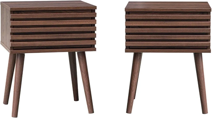 sweeek - Lot de 2 Tables de Chevet Style scandinave décor Bois avec tiroir rainuré Noyer et Pieds Compas