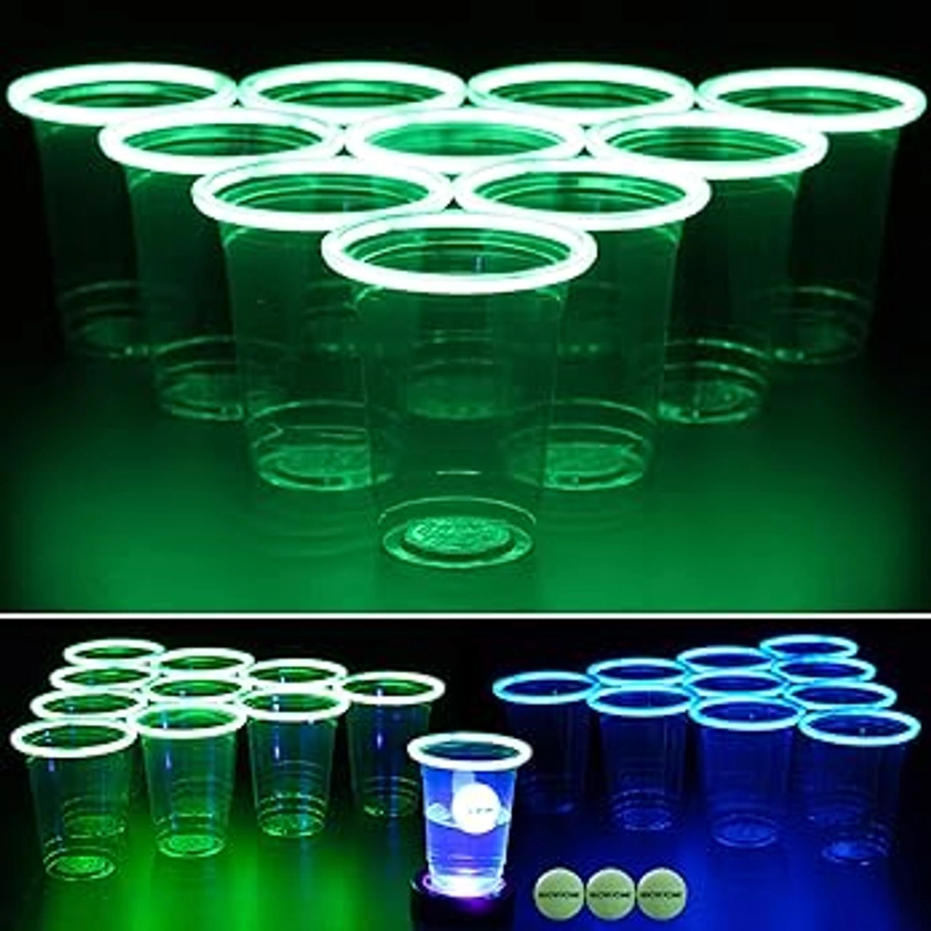 Amazon.com: GLOWPONG Green vs Blue Glow in The Dark Beer Pong Game Set for Indoor Outdoor Nighttime Competitive Fun, 12 Green vs 12 Blue Glowing Cups, 4 Glowing Balls, 1 Ball Charging Unit Makes Every Shot Glow : Sports & Outdoors