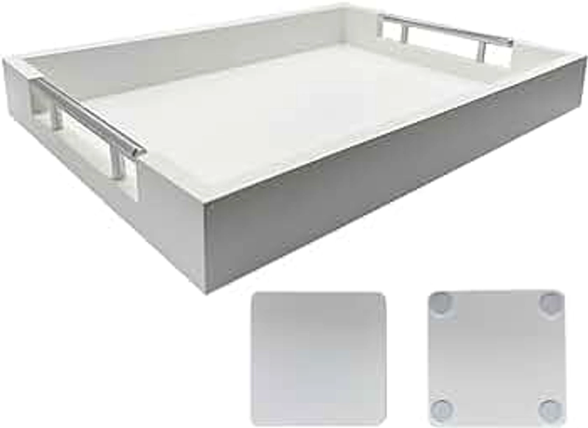 Huibaite Modern Serving Tray, Deluxe Tray for Coffee Table with Polished Silver Metal Handles, Living Room Bathroom Organizer Modern Decorative Tray, for Storage Or Display (White-Silver)