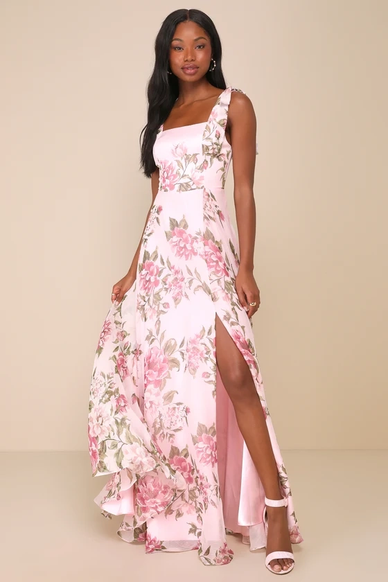 Love Me Forever Pink Floral Tie-Strap Square Neck Maxi Dress