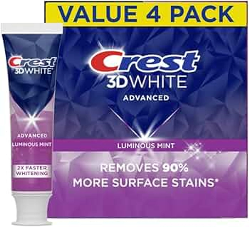 Crest 3D White Advanced Luminous Mint Teeth Whitening Toothpaste, Crest Toothpaste, 3.7 oz Pack of 4 - Helps Remove Surface Stains, Whitens Teeth, Strengthens Tooth Enamel, Protects Against Cavities