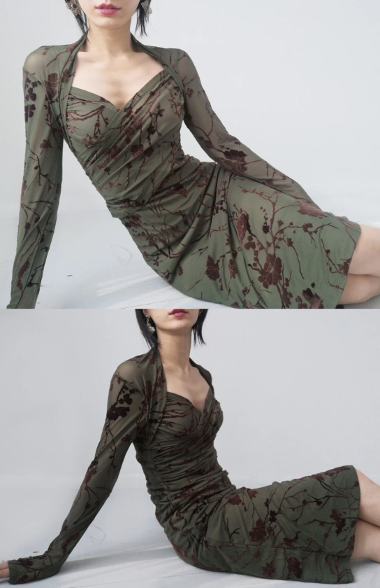 Crush Velvet Print See Through Sheer Mesh Ruched Corset Clingy Olive Moss Dark Green Midi Dress Floral Rose Twig Corset Goth Gothic Emo Burn - Etsy Japan