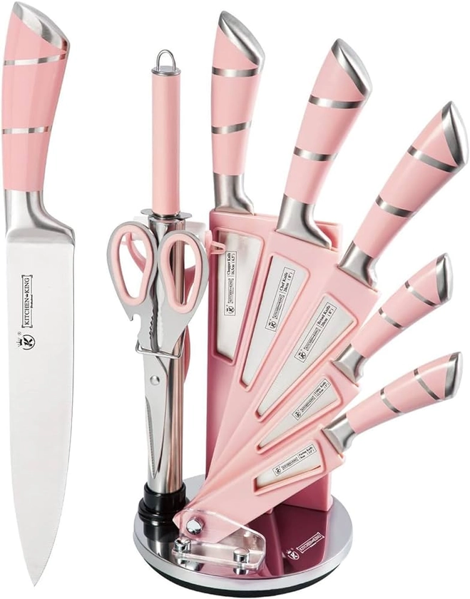 Set de couteaux de cuisine, 9 pièces, bloc de couteaux de chef en acier inoxydable, avec aiguisoir pour couper, trancher, découper, hacher (Rose)
