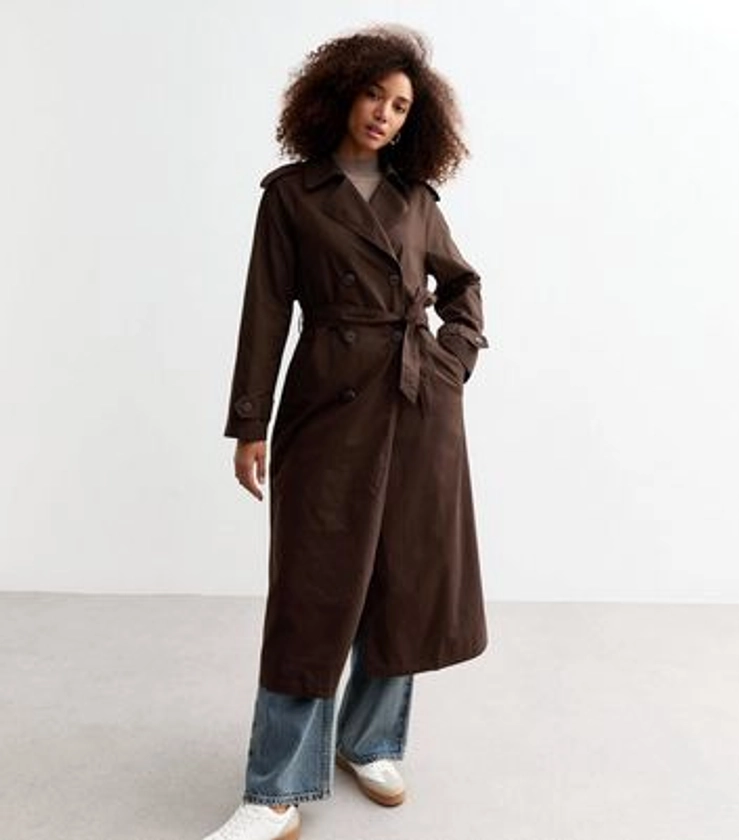 Brown Double-Breasted Lined Cotton Trench Coat