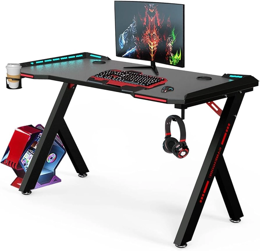 bigzzia Gaming Desk RGB Lighting Home Office Desk Ergonomic Gamer Workstation, Carbon Fibre Surface, Cup Holder and Headphone Hook, 120 * 60 * 72cm