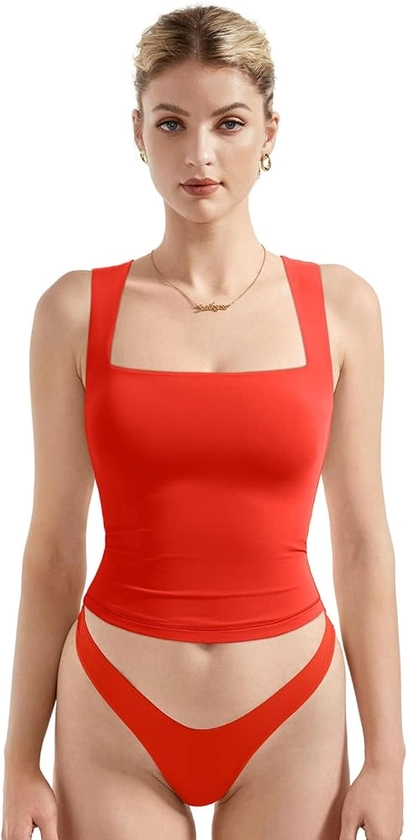 SUUKSESS Women Double Lined Square Neck Crop Tank Top Sleeveless Basic Y2k Tops