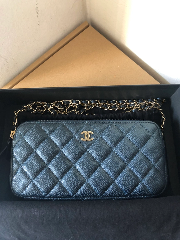 RARE Chanel Pearly Blue Caviar Double Zip Clutch On Chain (WOC)