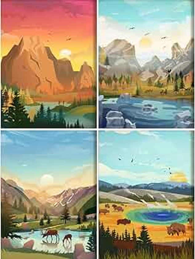 VeGuude Paint by Numbers for Adults and Kids Beginner, 4 Pack Painting by Number Kits On Canvas, Without Frame DIY Four Seasons Mountain Oil Painting Acrylic Paints, Home Wall Decor Gift 12x16inch