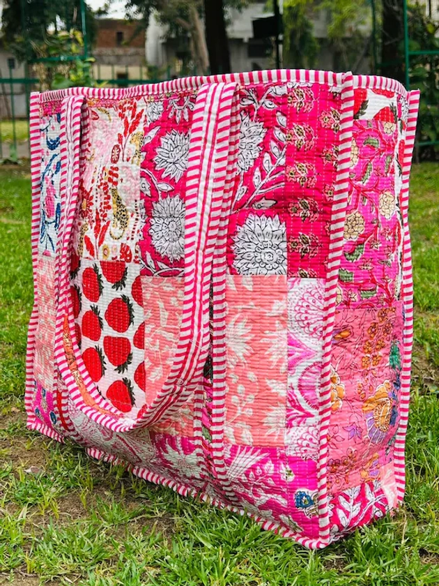 Large Cotton Quilted Tote Bags Bridesmaid Gifts Multi patches Shopping Beach Boho Weekender Bags printed Hand luggage Travel Tote Bag Women