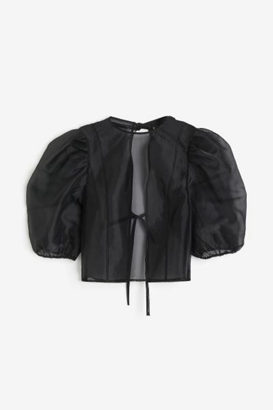 Top à manches bouffantes en organza - Encolure ronde - Manches 3/4 - Noir - FEMME | H&M FR