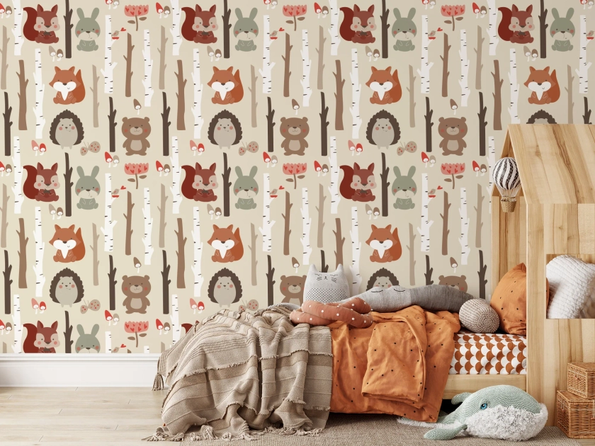 Illustrated Woodland Animals and Trees Wallpaper | Peel&Paper