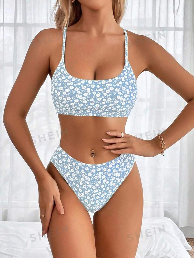 SHEIN Swim Mod Summer Beach Ditsy Floral Print Bikini Set