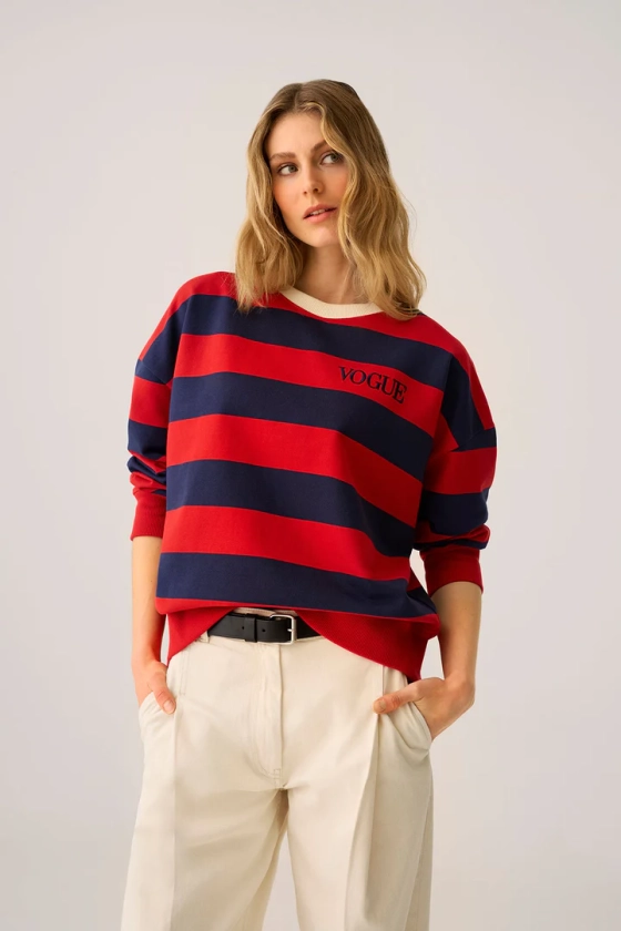 Felpa VOGUE Stripes Edition a righe rosse e blu navy