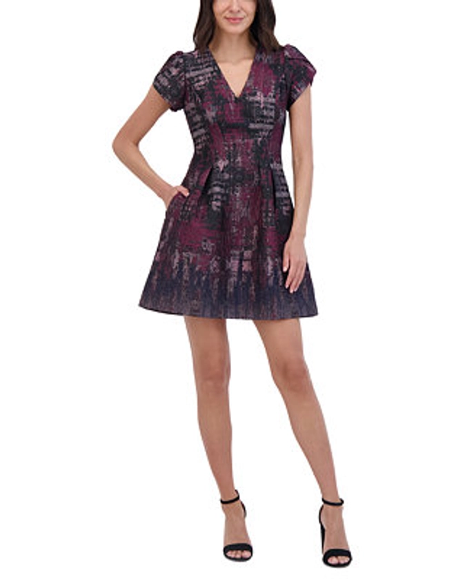 Vince Camuto Women's Jacquard Fit & Flare Puff-Sleeve Dress - Macy's 