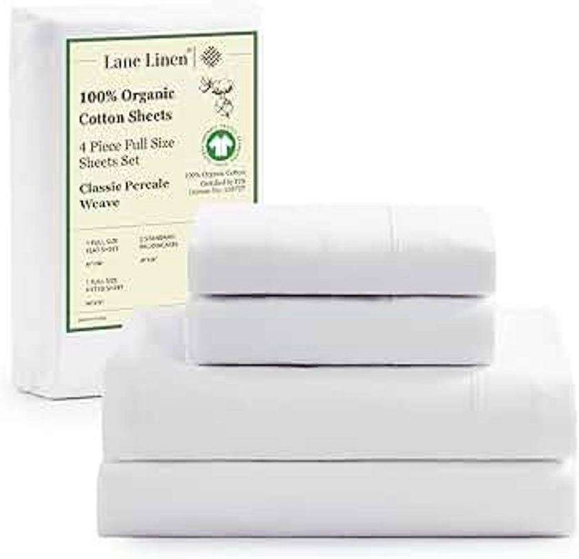 LANE LINEN 100% Organic Cotton Full Size Bed Sheets, Super Soft Long Staple Cotton Bed Sheets Full Size, Percale Weave Bedding Sheets and Pillowcases - White Full Sheet Set Fits 15" Deep Mattress