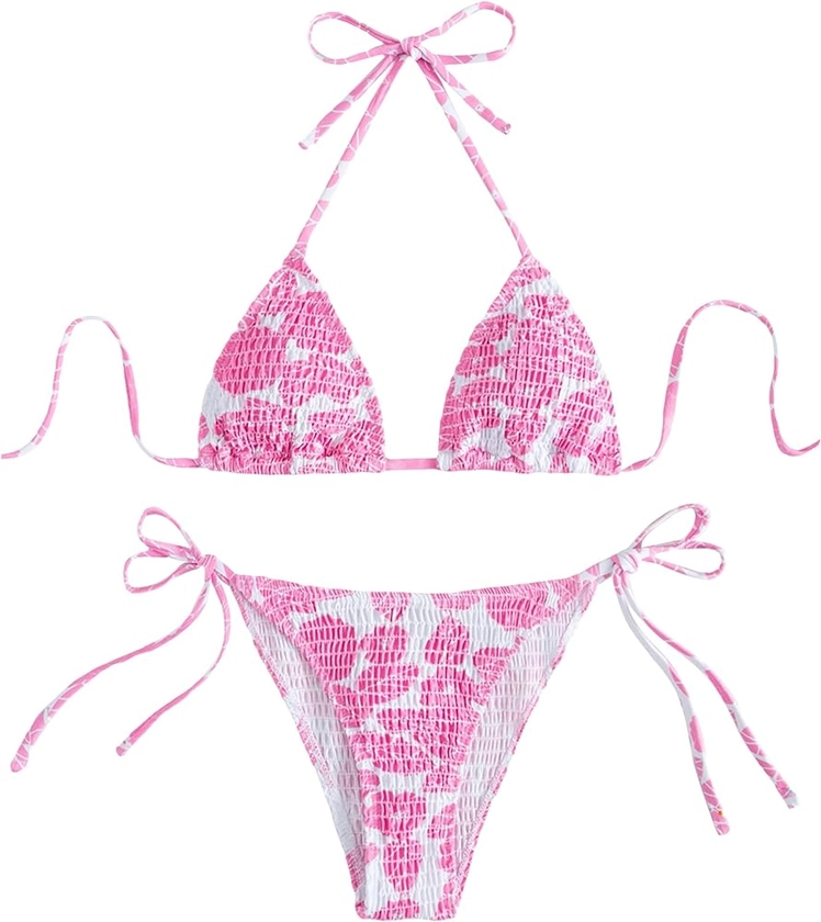 MakeMeChic Women's Halter Tie Side Triangle Bikini Set high Cut 2 Piece Bikini Swimsuit Bathing Suit