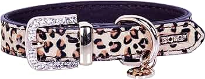 DO & G Luxury Safari Leather Dog Collar finished with Diamante Stones in Leopard size Small 3/4 x 10-13.5".