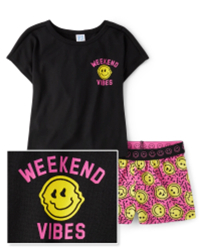 Girls Short Sleeve Weekend Vibes Pajamas | The Children's Place - BLACK