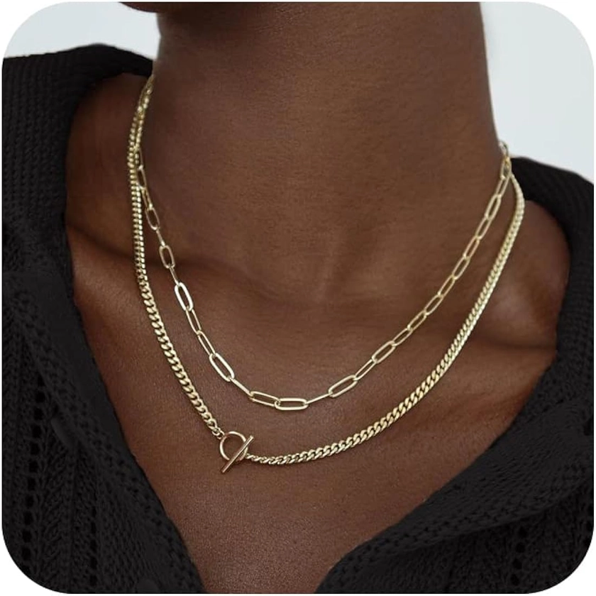 CHESKY Gold Layered Necklaces for Women, 14K Dainty Gold Chain Necklace Women Trendy Cuban Link Paperclip Chain Toggle Clasp Necklace Fashion Chunky Jewelry for Women