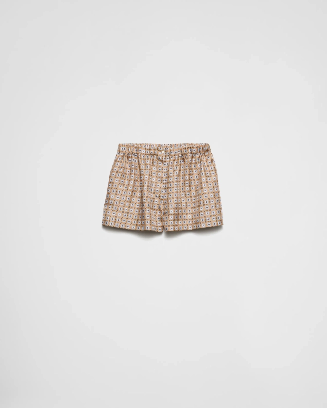 Short En Sergé De Soie Imprimé Marron Camel | PRADA