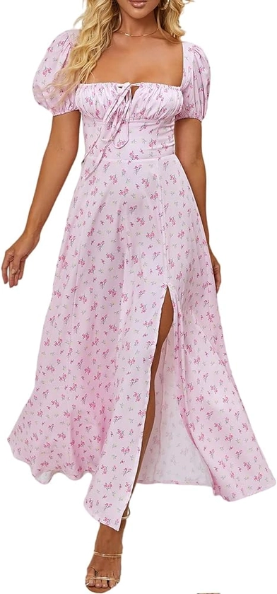 Women's Summer Puff Sleeve Floral Split Maxi Dress Flowy A Line Casual Beach Long Dresses 2024