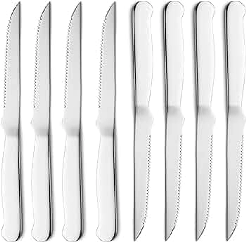 Steak Knives Set of 8, Eisinly Sharp Serrated Knife Set with Sturdy Full Stainless Steel Handle for Kitchen Restaurant Party, 9.5 Inches, Silver