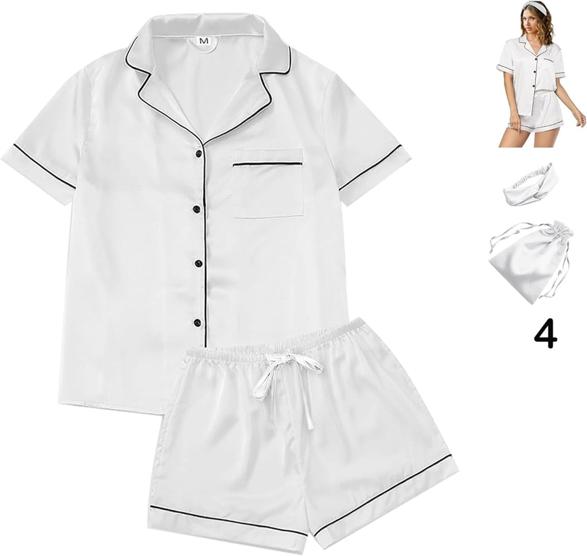 4Pcs Womens Satin Silky Pajama Sets Short Sleeve Shirt XS-4XL Floral Pajamas Set Soft PJ Loungewear Sleepwear