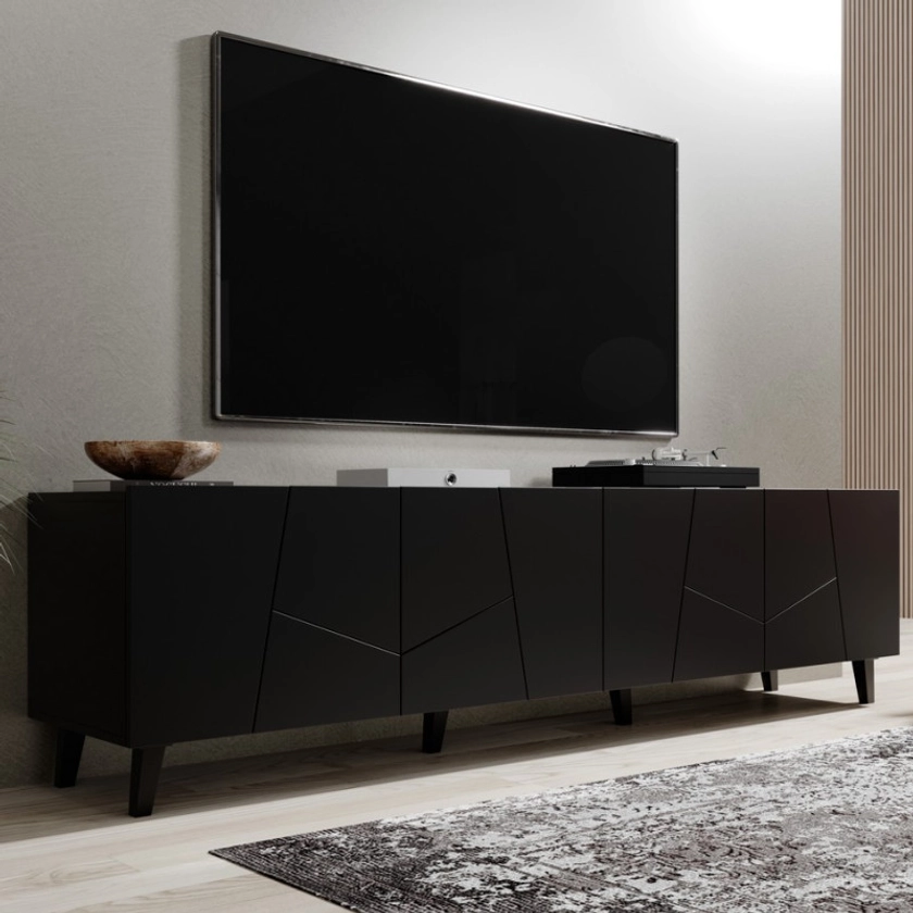 Meuble télé design noir mat 4 portes amovibles, pieds noirs, 200 cm