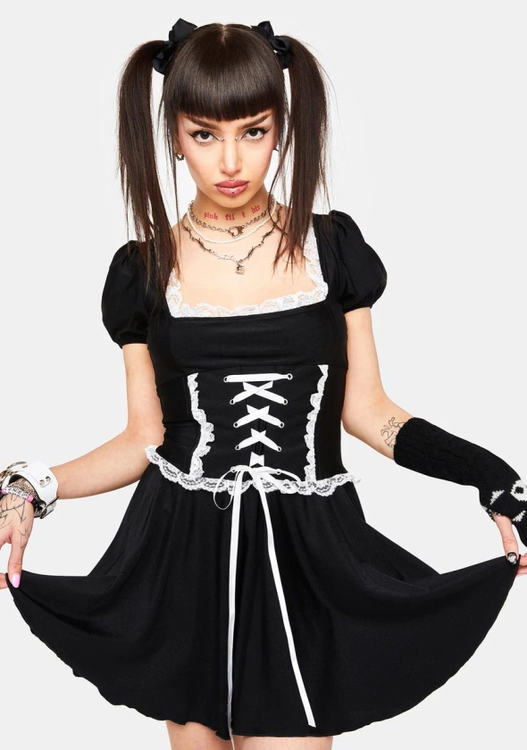 Square Neck Puff Sleeve Lace Up Babydoll Dress - Black/White