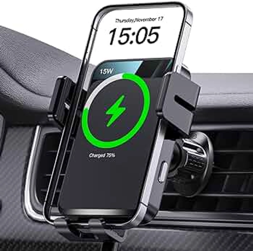 Wireless Car Charger, MOKPR Auto-Clamping Car Mount 15W/10W/7.5W Fast Charging Air Vent Car Phone Mount Compatible with iPhone 15/14/13/13 Pro/12 Pro Max/12 pro/12/11/10 Series, Samsung Galaxy Series