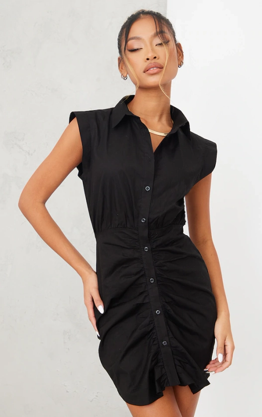 Black Ruched Button Front Sleeveless Shirt Dress