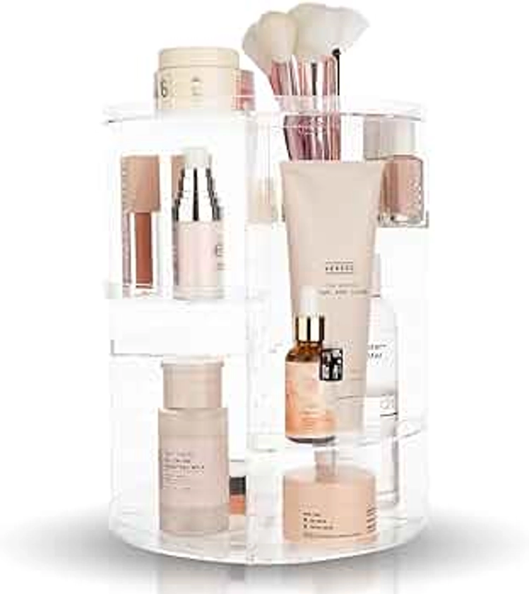 Masirs, Rotating Makeup Organizer - Adjustable Shelf Height and Fully Rotatable, The Perfect Round Spinning Cosmetic Organizer for Bedroom Dresser or Vanity Countertop Storage. (Clear)