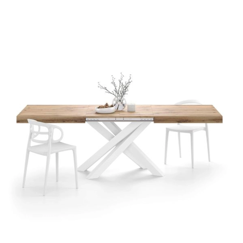 Table Extensible Emma 160(240)x90 cm, Bois rustique avec Pieds Croisés Blancs